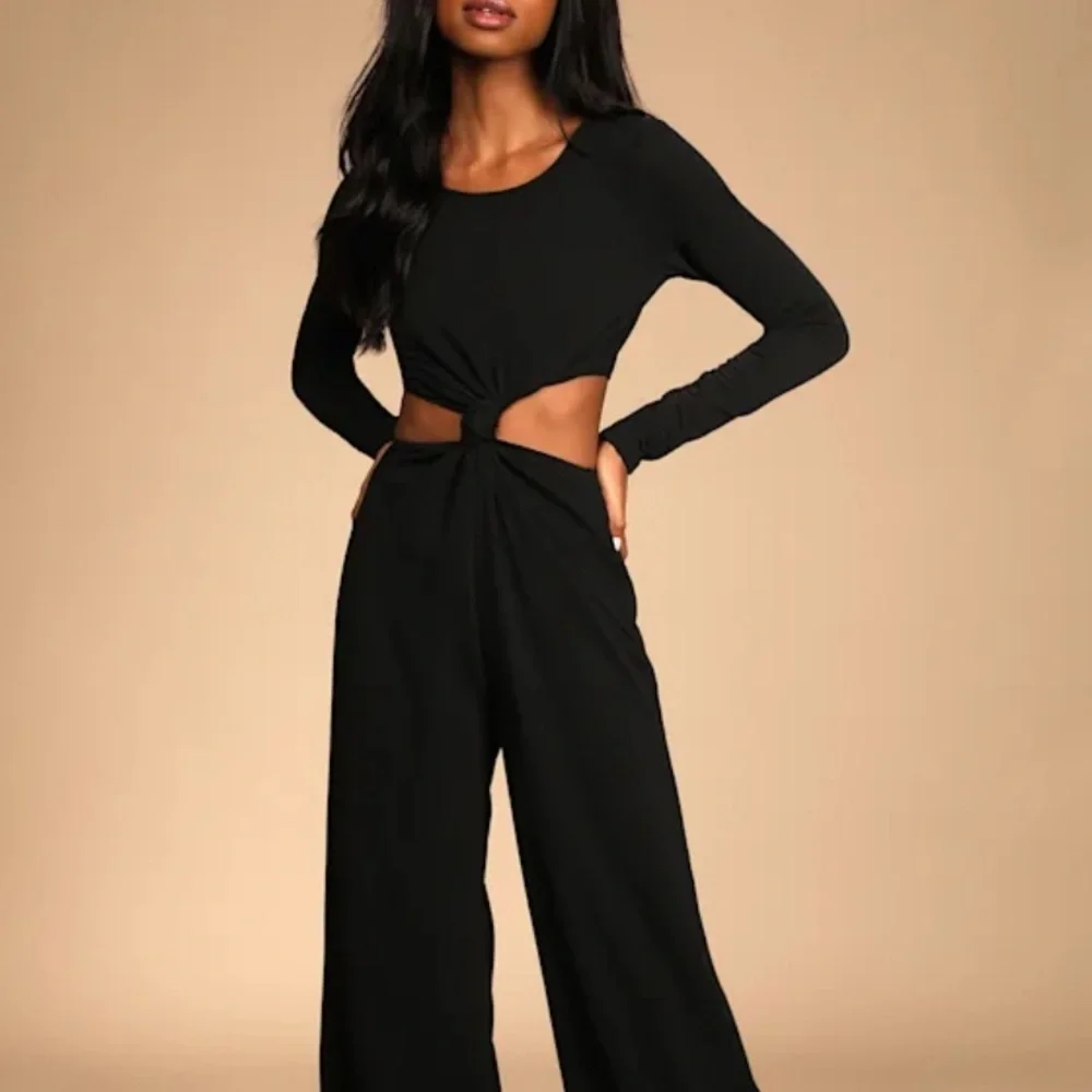 Lulu's Black Long Sleeve Wide Leg Cutout Jumpsuit XL